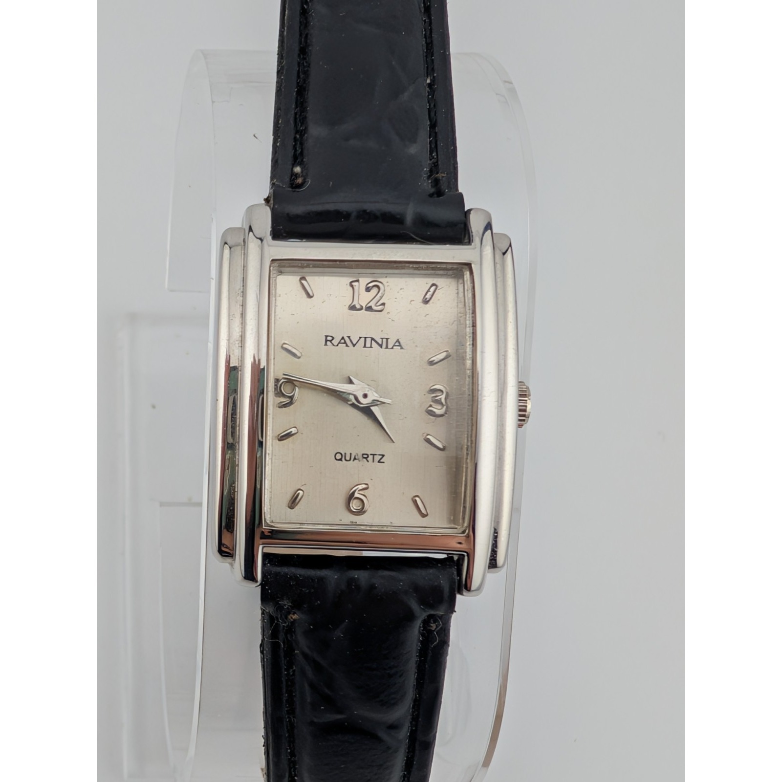Ravinia Watch Women 21mm Silver Case Black Leather Band New Battery